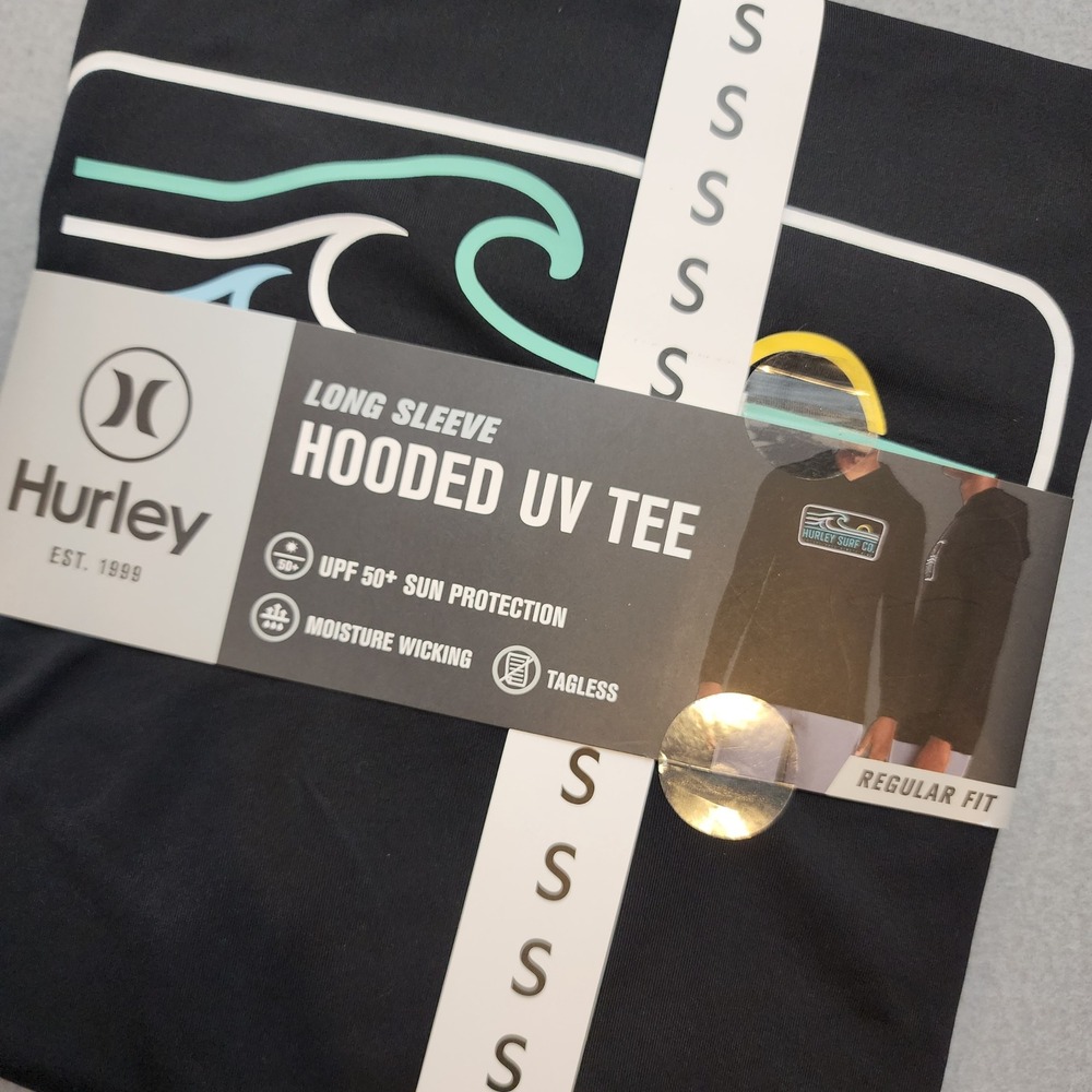 Hurley Men's Small Hooded UV Shirt UPF 50+ Black Long Sleeve Fishing Surf Sun